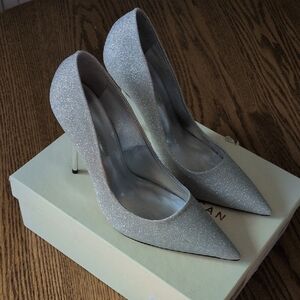 Good American Sparkling Silver Emma Glitter Heels Size 10 New in Box